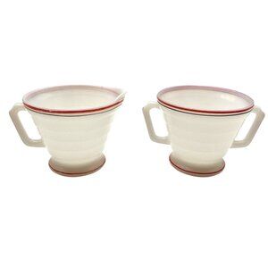 Vintage 1930s Hazel Atlas Milk Glass Creamer & Sugar Bowl With Red Black Stripes